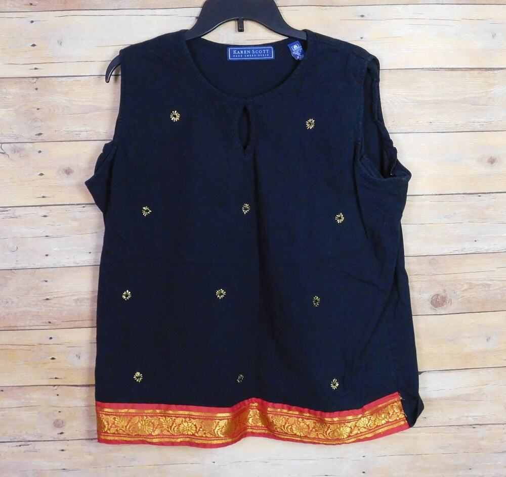 Karen Scott Shirt XL Black Gold Red Hand Embroidered Sleeveless